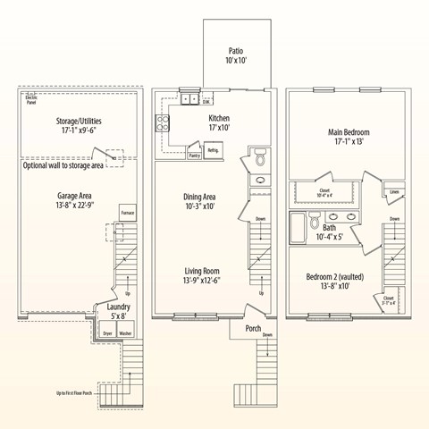Floor plan for 2 beds, 1.5 baths, 1224 sqft